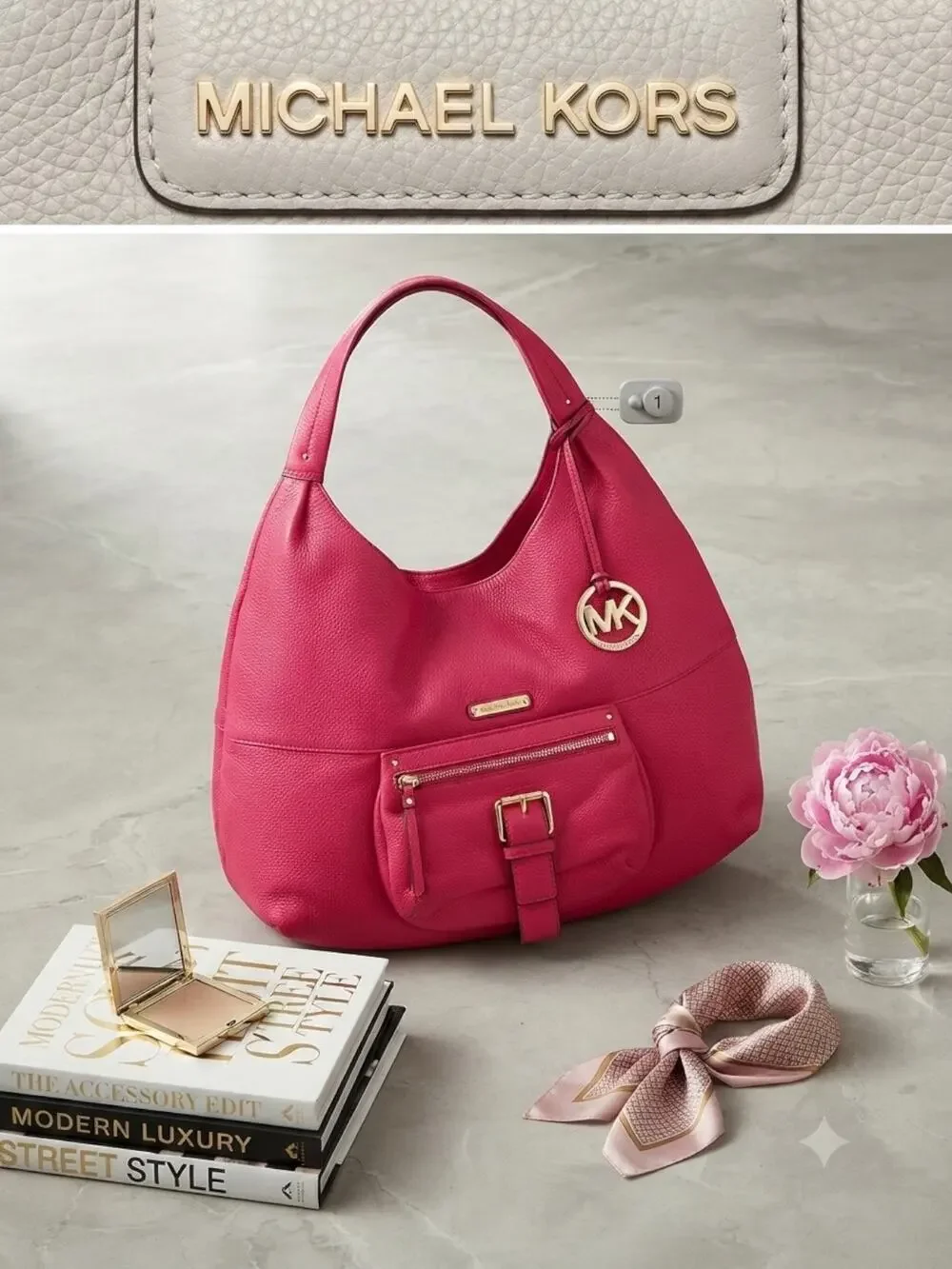 Michael Kors Austin Large Hot Pink Pebbled Leather Hobo Shoulder Bag AUTHENTIC